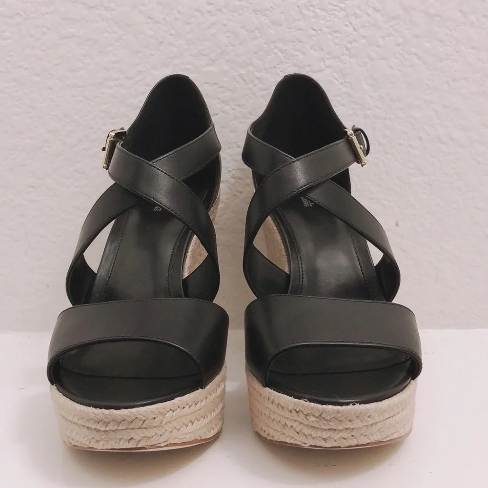 NEW Michael Kors Leather Wedge Sandals Espadrilles Black, Size 9.5 Retail $139 - Picture 4 of 13